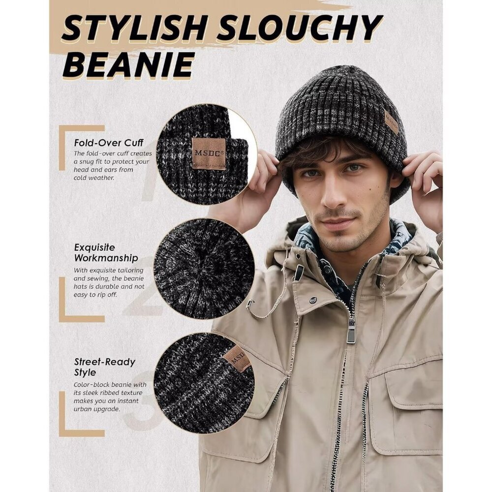Unisex  Mix Black Beige Warm Fleece-Lined Knit Beanie Skull Cap for Cold Weather - Picture 5 of 7